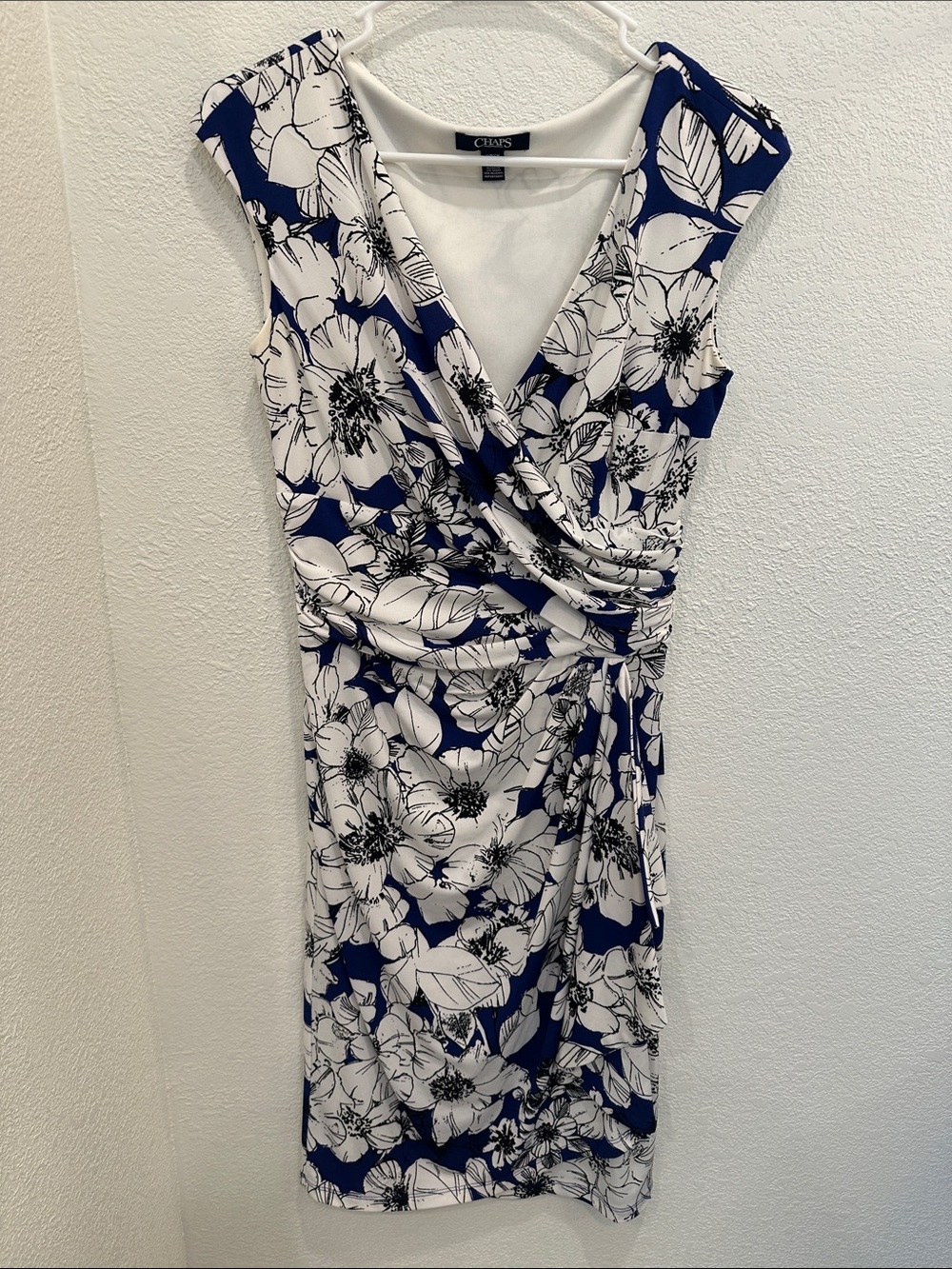 Blue and White Floral Wrap-Style Midi Dress